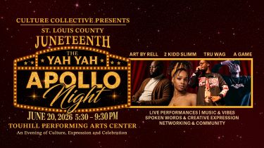 A red curtain with yellow glowing lights for Night at the Apollo, featuring ArtbyRell, 2KiddSlimm, TruWang, and AGame